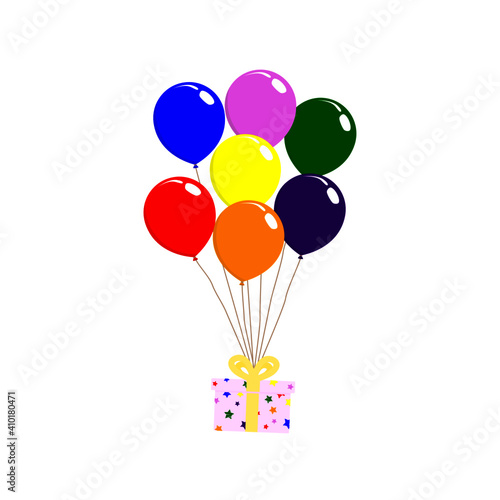 Vector of colorful balloons floating tied to a pink box of present