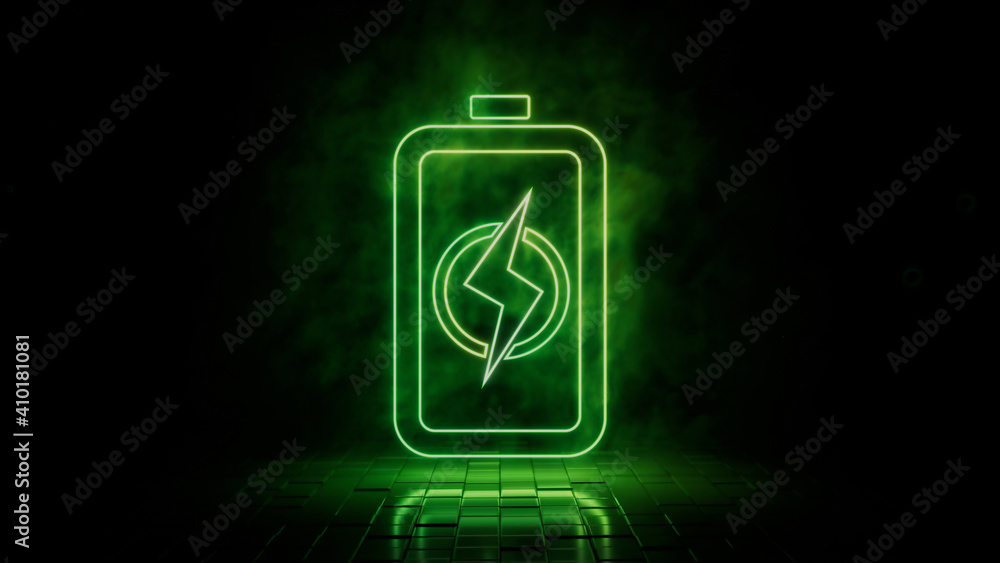 Green neon light battery icon. Vibrant colored technology symbol, isolated on a black background. 3D Render Green neon light battery icon. Vibrant colored technology symbol, isolated on a black background. 3D Render