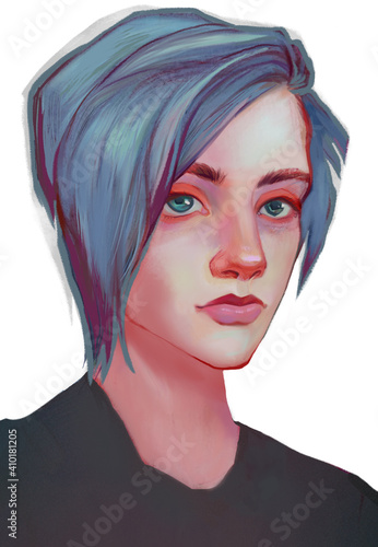 Teen girl academic drawing watercolor, pencil, marker. face for advertising portrait image in a flat style. Stylized female character with short blue hair for design, decoration, print. cartoon face