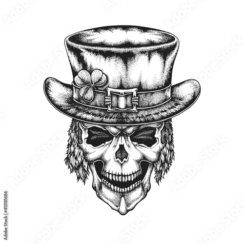 St. Patrick's Day Irish Leprechaun Skull in Top Hat with Shamrock. Hand Drawn Vector Illustration