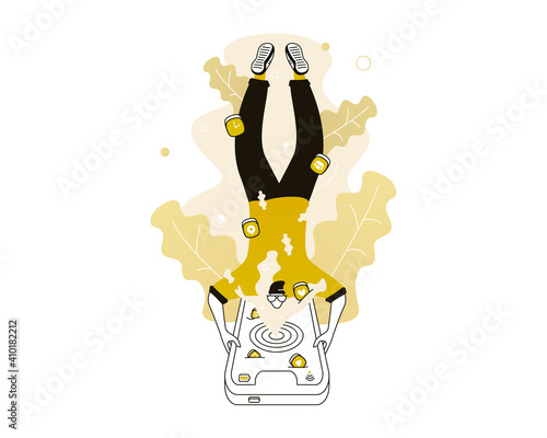 A man works at home online in his computer. Vector illustration with Web communication idea for telework, remote working and freelancing concept
