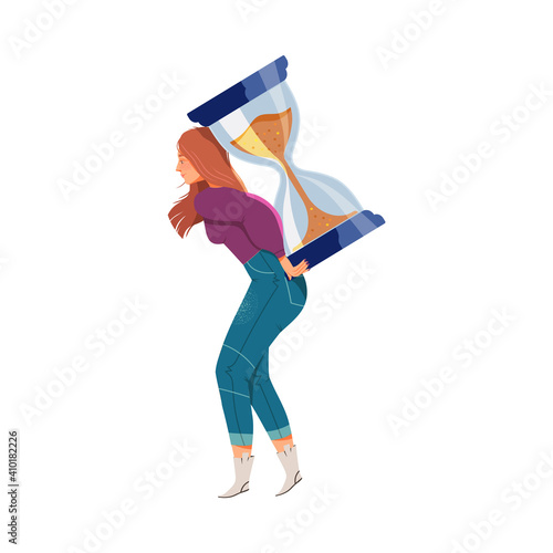 Young Woman Carrying Hourglass on Her Back as Time Burden Vector Illustration