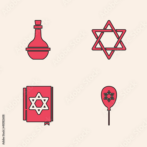 Set Balloon with star of david, Jewish wine bottle, Star David and torah book icon. Vector.