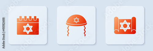 Set Jewish kippah, calendar and Torah scroll. White square button. Vector.
