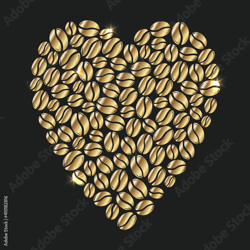 Group of golden roasted coffee beans forming a heart
