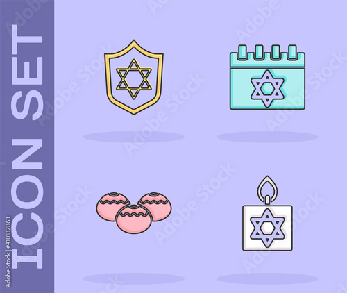 Set Burning candle, Shield with Star of David, Jewish sweet bakery and calendar icon. Vector.
