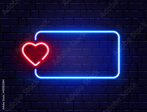 Neon frame with heart. Retro red neon heart sign. Bright night neon signboard on brick wall with backlight. Romantic dinner. Love symbol. Night disco design element. Vector illustration
