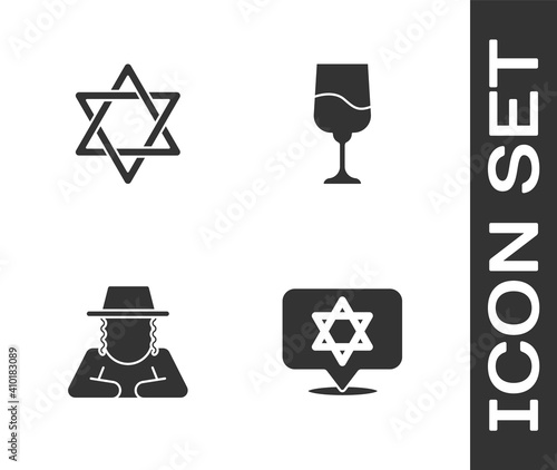Set Star of David, , Orthodox jewish hat and Jewish goblet icon. Vector.