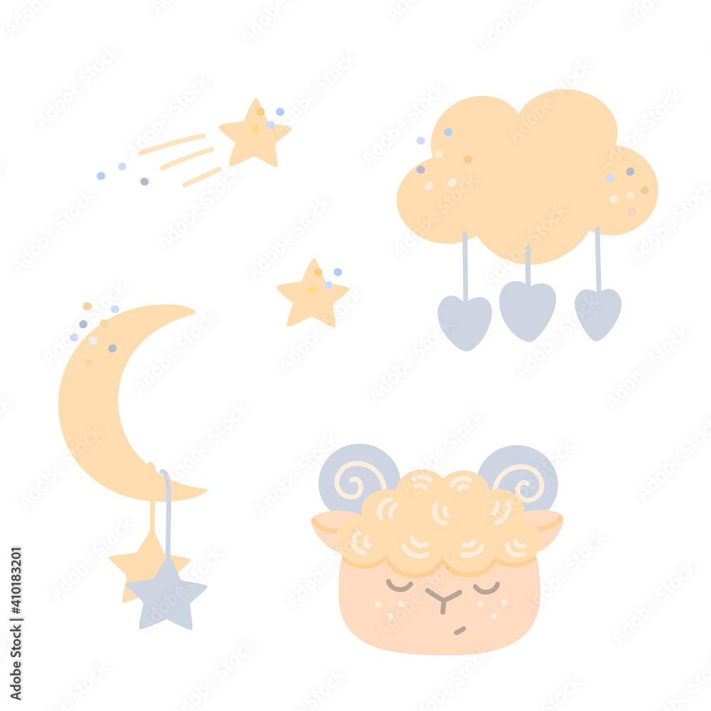Lambs head, cloud, moon, stars and hearts isolated on white. A set of cute simple primitive cartoon elements for childrens designs, clip art. Vector in pastel colors.