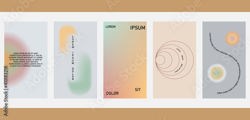A set of five colorful aesthetic geometric backgrounds. Minimalistic posters for social media, cover design, web, home decor. Vintage illustrations with stripes, shapes, circles, semicircles, lines.