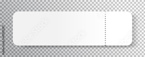 Blank ticket with tear-off element isolated on transparent background. Mockup template with event concert ticket. Realistic white paper coupon. Lottery blank. Invitation design. Vector illustration