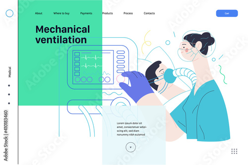 Medical insurance web page template- mechanical ventilation -modern flat vector concept digital illustration -ventilator medical machine equipment for tracheostomy, patient breathing in operating room