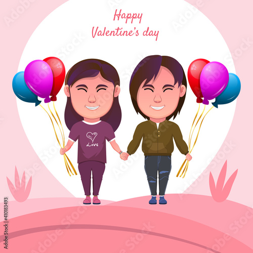cartoon couple celebrating valentines day bring the balloon
