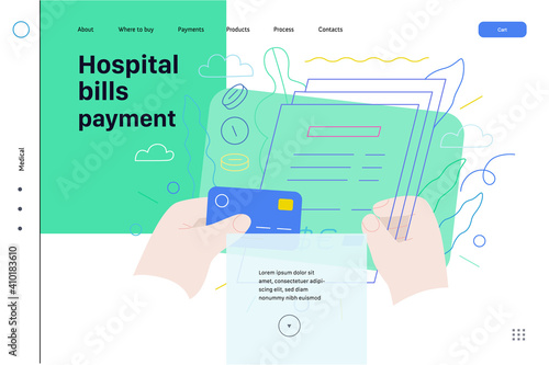 Medical insurance web page template- hospital bills payment -modern flat vector concept digital illustration - patient signing a stack of invoices, holding a credit card, medical service metaphor