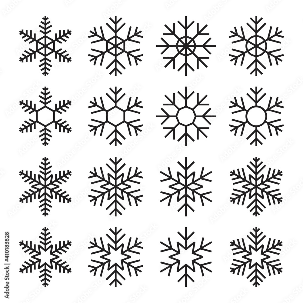 Icon set of snowflake. Icons in line style. Winter flat vector elements. Icon set of snowflake. Icons in line style. Winter flat vector elements.