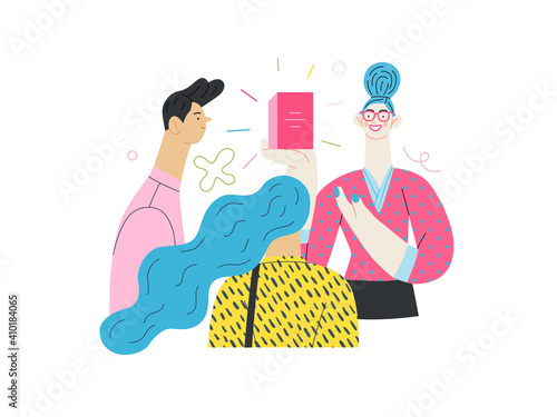 Discounts, sale, promotion - shop consultant - modern flat vector concept illustration of customers and a salesperson telling about and offering the product