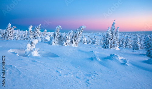 winter landscape of Karkonosze mountains at sunrise in Poland © lukaszimilena