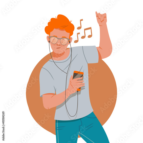 Redhead Man with Headphones Listening to Music and Moving with Dancing Motion Vector Illustration
