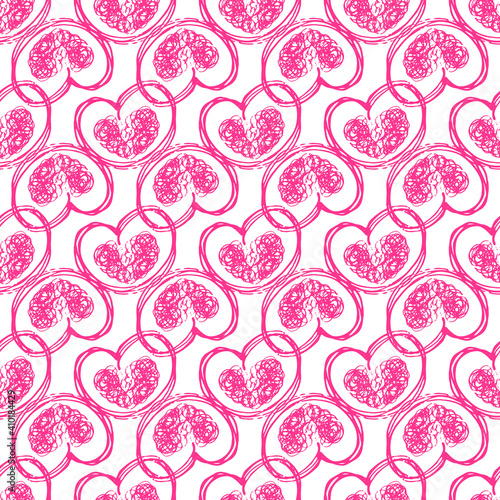 Vector seamless pattern of pink hearts drawn with chaotic lines placed on top of each other doodle style on a white background.Decorative Print Romantic Background for weddings invitations and textile