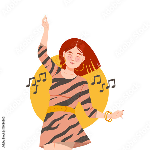 Young Woman Listening to Music and Moving with Dancing Motion Vector Illustration