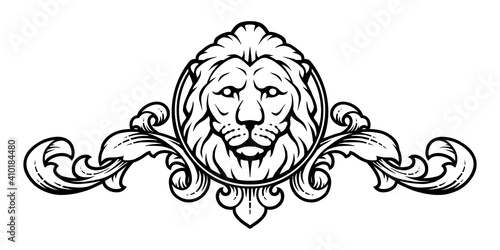Lion head with vintage design elements. Vector illustration.