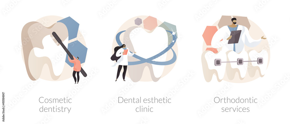 Naklejka premium Smile treatment abstract concept vector illustration set. Cosmetic dentistry, dental esthetic clinic, orthodontic services, teeth whitening, braces and brackets, medical center abstract metaphor.