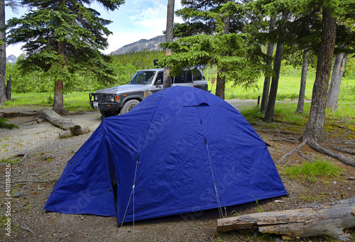 Forest campground of Cut Bank Creek Valley in the Rocky Mountains in Glacier National Park. Park is a World Heritage sites and located in the U.S. state of Montana photo