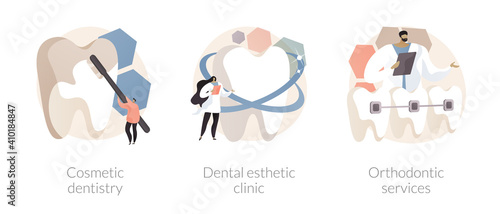 Smile treatment abstract concept vector illustration set. Cosmetic dentistry, dental esthetic clinic, orthodontic services, teeth whitening, braces and brackets, medical center abstract metaphor.
