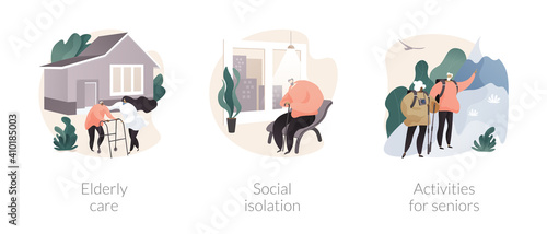 Older generation lifestyle abstract concept vector illustration set. Elderly care, social isolation, activities for seniors, home nursing medical care, retiree companion, assistance abstract metaphor.