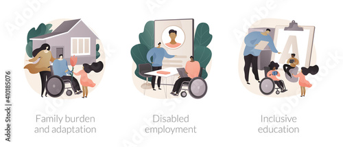 Social environment abstract concept vector illustration set. Social adaptation of disabled people, employment and inclusive education, children with special needs, disability job abstract metaphor.