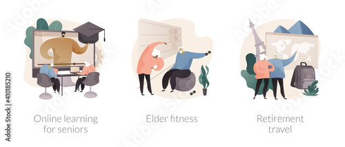 Elderly people lifestyle abstract concept vector illustration set. Online learning for seniors, elder fitness, retirement travel, fitness program, pension traveling expenses abstract metaphor.