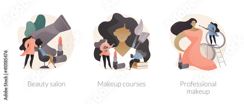 Beauty services abstract concept vector illustration set. Beauty salon, makeup course, professional cosmetics masterclass, nail studio, hair stylist, online workshop, skin treatment abstract metaphor.