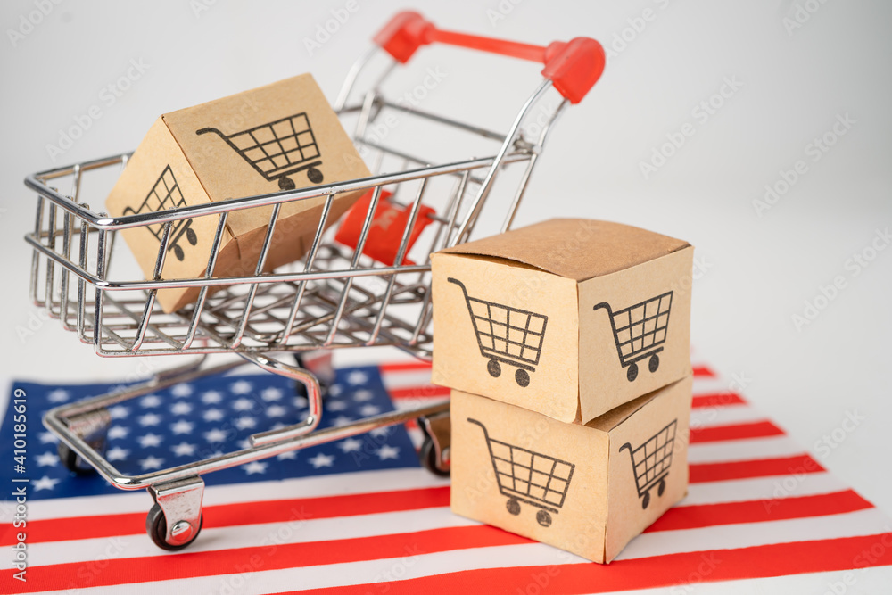 Box with shopping cart logo and USA america flag, Import Export Shopping online or eCommerce finance delivery service store product shipping, trade, supplier concept.