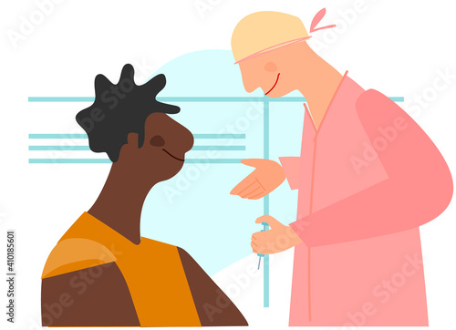 Vaccination time concept. Stop coronavirus concept. Doctor prepairing to inoculate black female patient, making vaccine injection in shoulder. Vector illustration. Banner, poster,social media post
