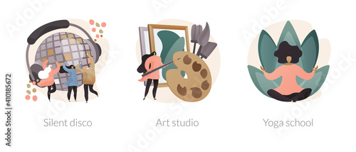 Entertainment and recreation abstract concept vector illustration set. Silent disco, art studio, yoga school, DJ set, headphones party, painting lesson, meditation practice abstract metaphor.