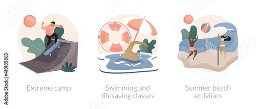 Summer sports and recreation abstract concept vector illustration set. Extreme camp, swimming and lifesaving classes, summer beach activities, adventure park, surfing and diving abstract metaphor.