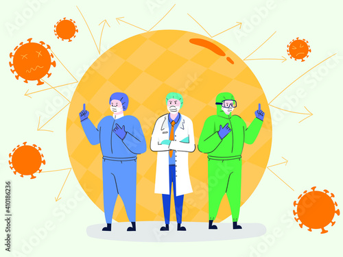 Medical staff to prevent COVID-19 virus, cleaning and disinfecting to banish virus cell, banner - Vector illustrate