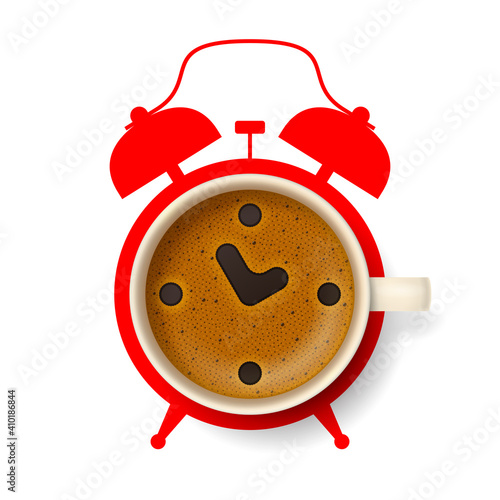 Cup of coffee with stylized clock face and silhouette of alarm clock