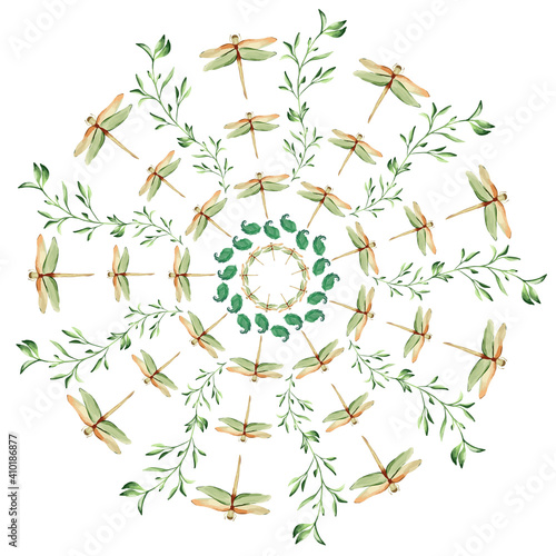 Vector pattern with dragonflies on a floral background. Flower mantra