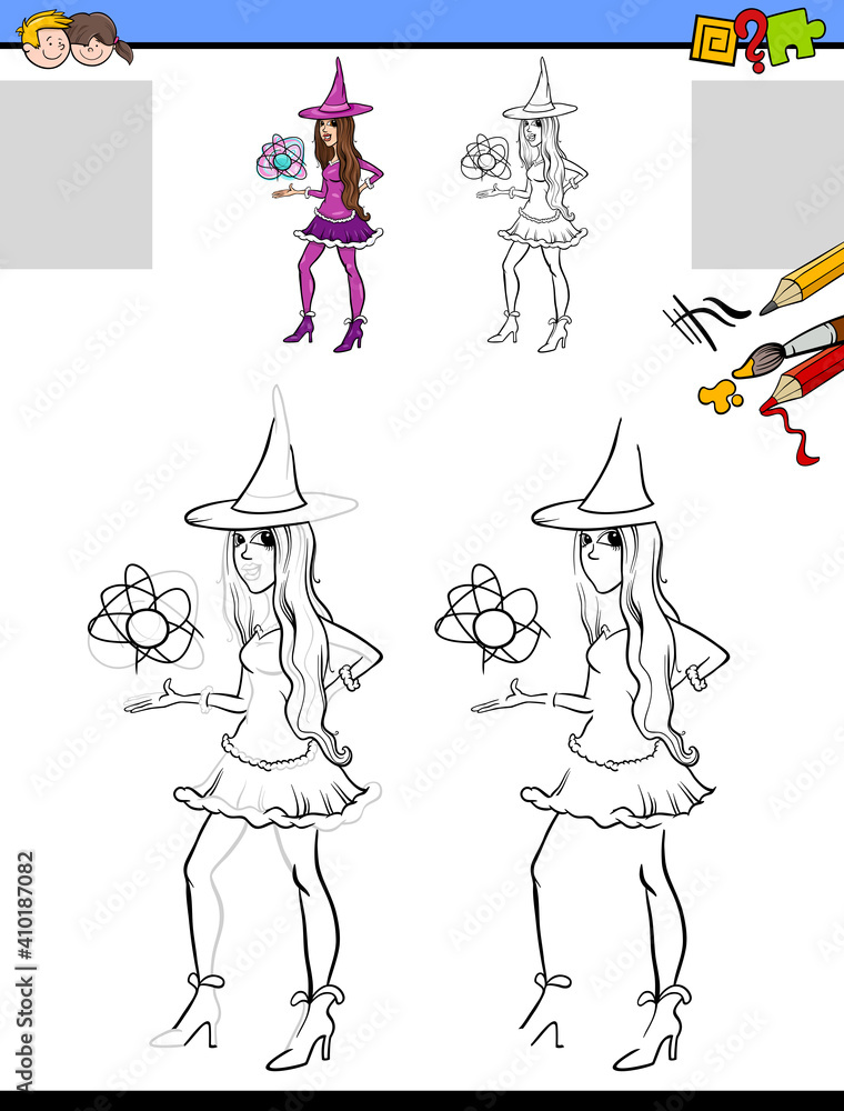 Obraz premium drawing and coloring task with witch girl character