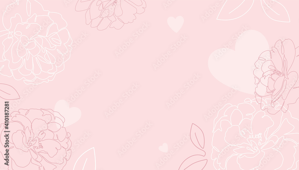 Pink floral line art with hearts. Single line rose and peony flowers with leaves. Valentine's Day romantic background design. - Vector Pink floral line art with hearts. Single line rose and peony flowers with leaves. Valentine's Day romantic background design. - Vector