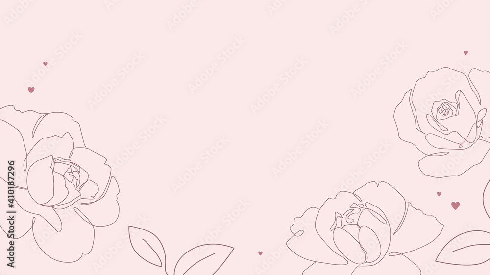Rose flowers single line drawing with hearts on pink background. One line minimalist style illustration for romantic banner, card or invitation design. - Vector