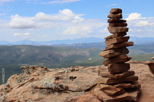 Cairns or towers of balanced rocks standing perfectly along the Mogollon Rim in Northern Arizona.