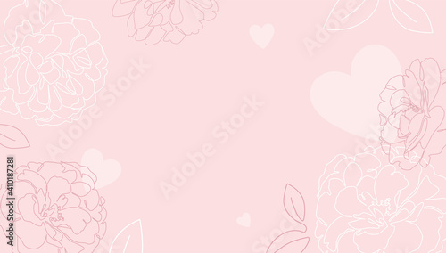 Pink floral line art with hearts. Single line rose and peony flowers with leaves. Valentine's Day romantic background design. - Vector