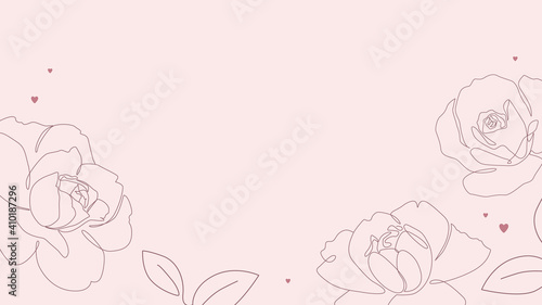 Rose flowers single line drawing with hearts on pink background. One line minimalist style illustration for romantic banner, card or invitation design. - Vector