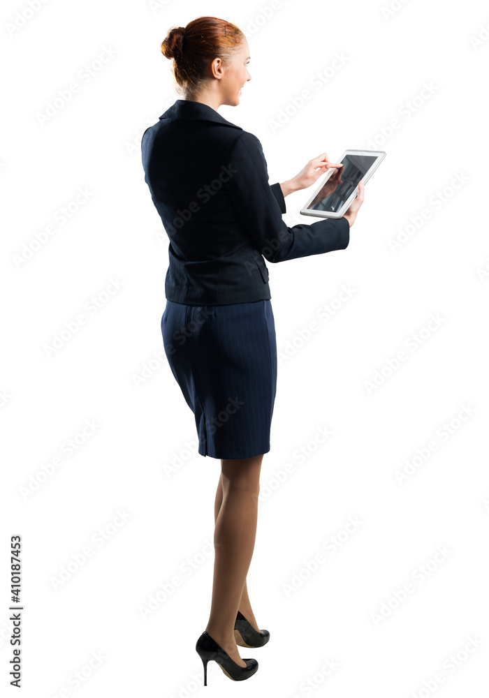 Portrait of young woman with tablet computer.