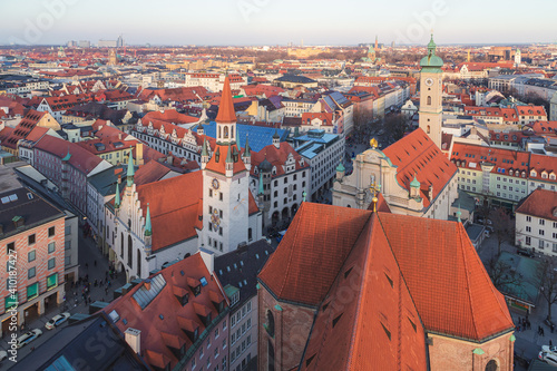 Evening view over the Bavarian capital city of Munich, Germany from the bell tower of St. Peter's Church.