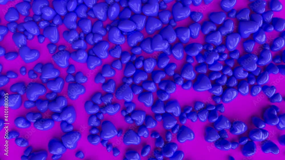 Many blue hearts falling into the pile of hearts on pink background. 3D animation Many blue hearts falling into the pile of hearts on pink background. 3D animation