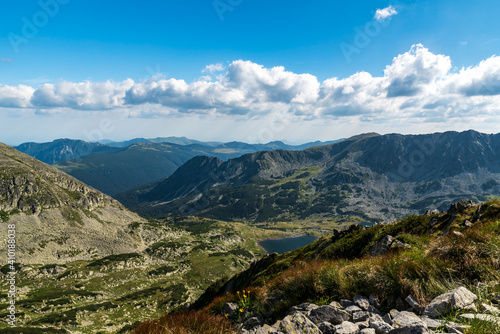 View from Custura Bucurei mountain peak in Retezat mountains in Romania