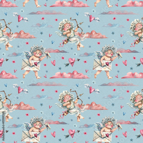 Romantic pattern with watercolor illustrations of cupids  clouds  flowers and hearts. Gentle background in vintage style for valentine s day  wedding  romantic event. Seamless pattern